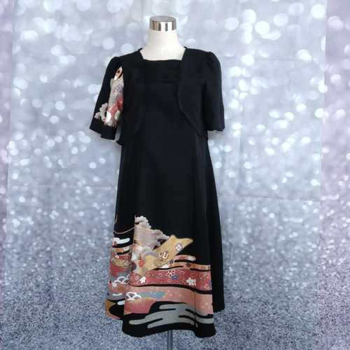 ワンピース ボレロ付き 着物リメイク ハンドメイド 黒留袖