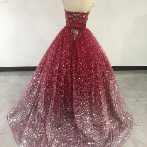 高品質！ワインレッド カラードレス キラキラ ベアトップ 二次会/拳式  