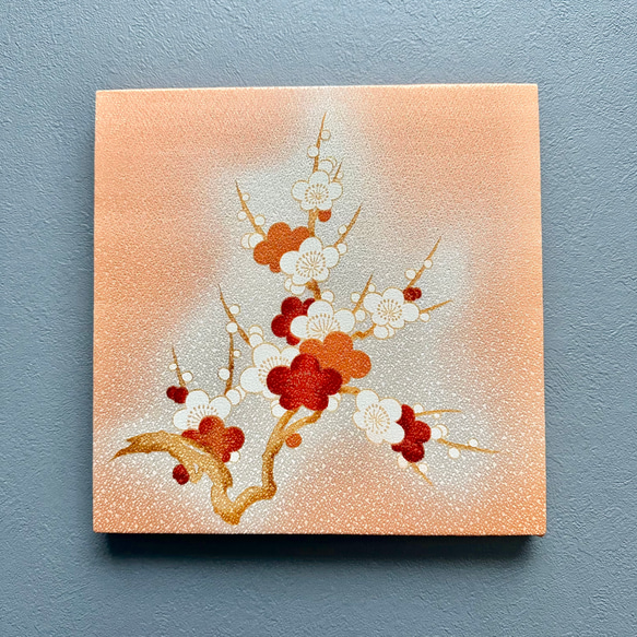 着物のファブリックパネル　輝くオレンジに咲く梅　着物リメイク　インテリア　和モダン　古民家　正月飾り　壁飾り　 2枚目の画像