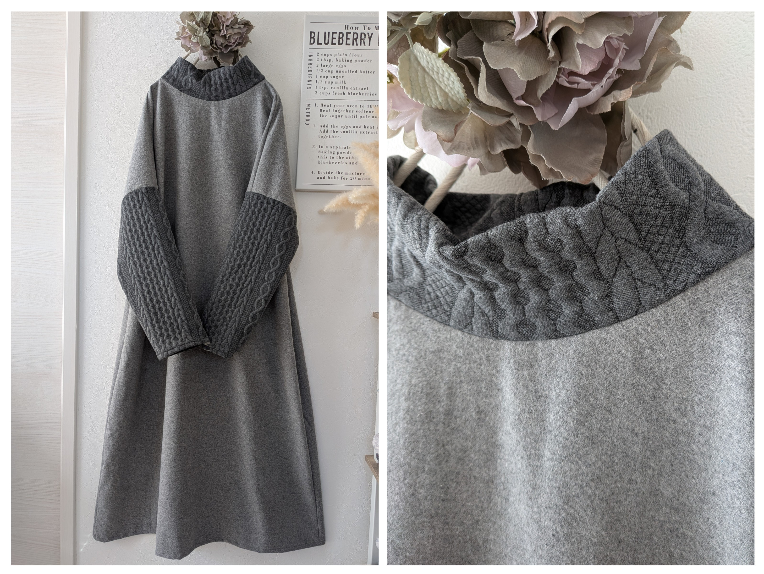 ♥グレー起毛アラン風ニットのハイネックワンピ♥冬