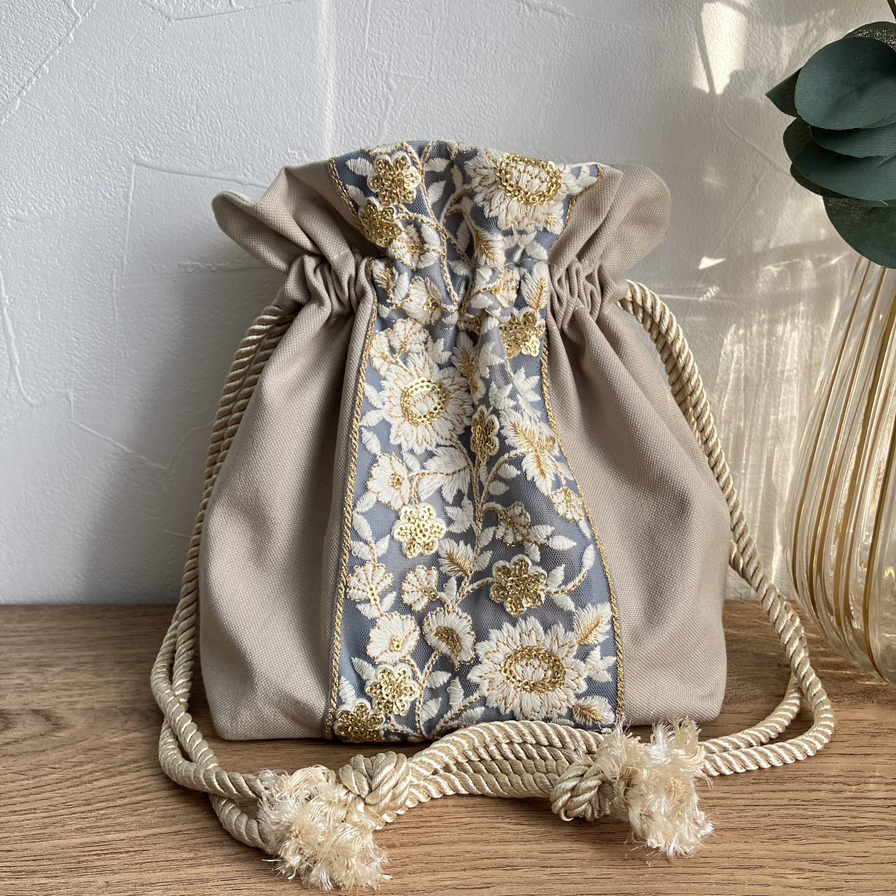 インド刺繍リボン＊巾着バッグ ショルダーバッグ 肩掛け