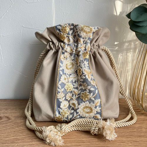 インド刺繍リボン＊巾着バッグ ショルダーバッグ 肩掛け ハンドバッグ