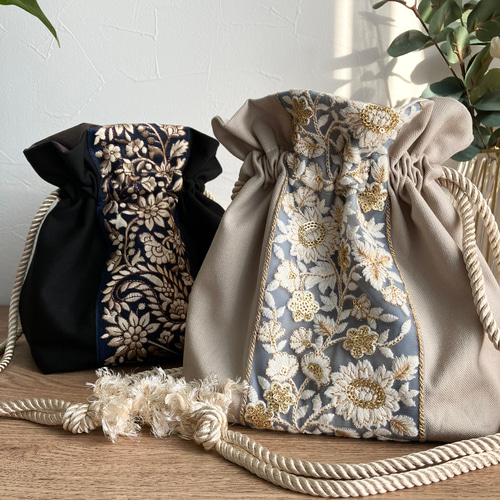 インド刺繍リボン　巾着ショルダーバッグ　オーダー品 インド刺繍リボン＊巾着ショルダーバッグ ショルダーバッグ