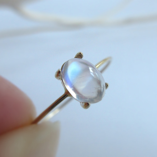 K10【美粒】6×4mm高品質「レインボームーンストーン」リング 指輪