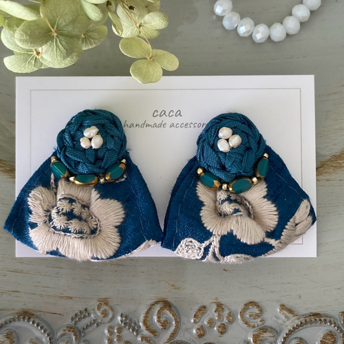 青チュールパールボタンピアスイヤリングリボンヴィンテージレース