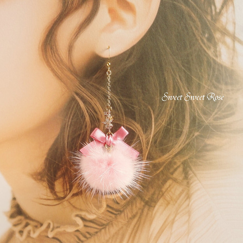 再販】Satin Ribbon & Mink fur ～sweet pink～イヤリング ピアス  