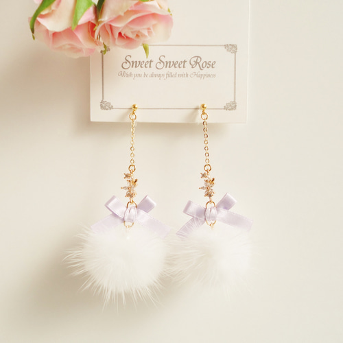 再販】Satin Ribbon & Mink fur ～white～イヤリング ピアス ファー