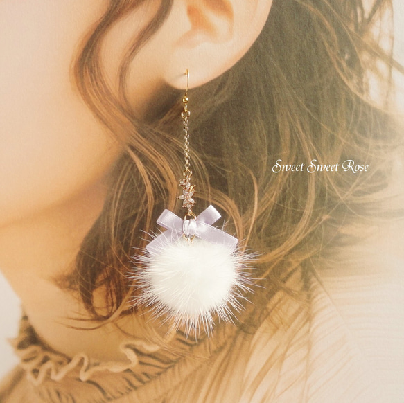 再販】Satin Ribbon & Mink fur ～white～イヤリング ピアス ファー