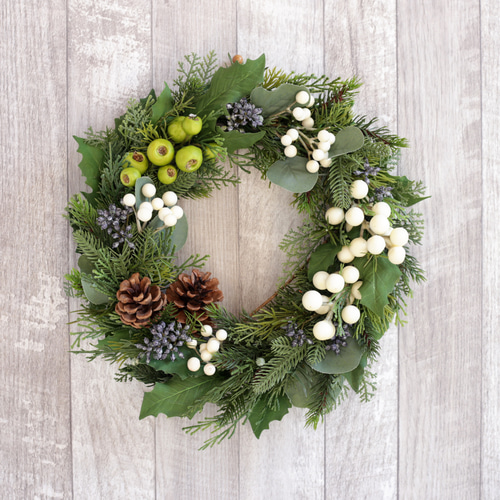 クリスマス～ヒイラギと針葉樹のナチュラルリース フェイクグリーン