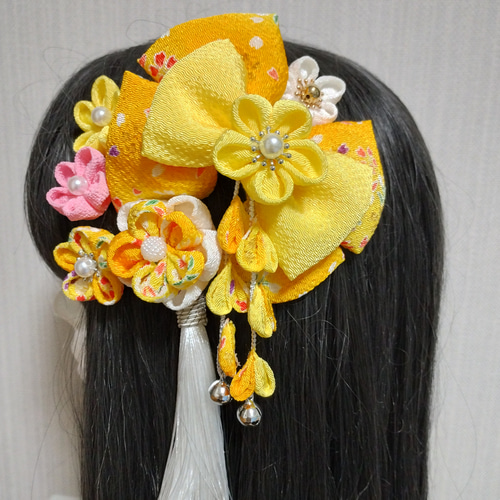 髪飾り 髪飾り黄色 リボン黄色 成人式髪飾り 卒園式髪飾り 七五三髪