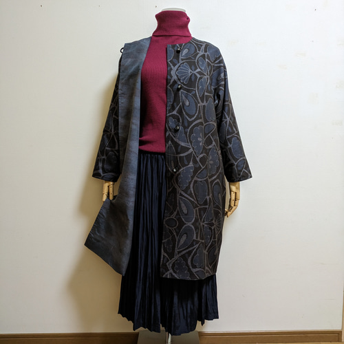 正絹大島紬&無地紬着物リメイクリバーシブルフードコ－ト SOLD 着物リメイク リバーシブルコート 紬・大島紬 FREE SIZE