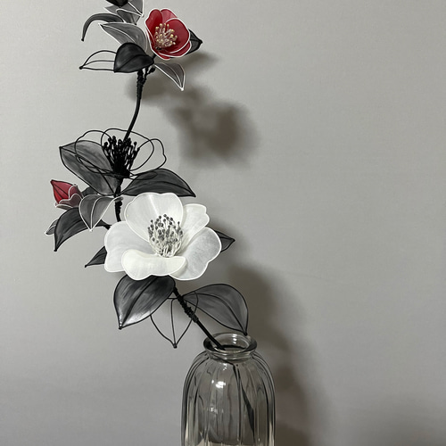 一点物】椿 白椿 水墨画風 ディップフラワー ワイヤーアート アート