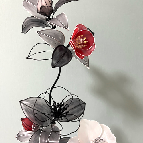 一点物】椿 白椿 水墨画風 ディップフラワー ワイヤーアート アート