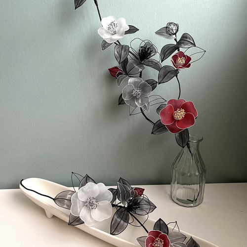 一点物】椿 白椿 水墨画風 ディップフラワー ワイヤーアート アート