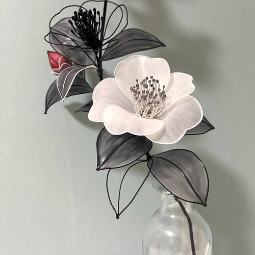 一点物】椿 白椿 水墨画風 ディップフラワー ワイヤーアート アート