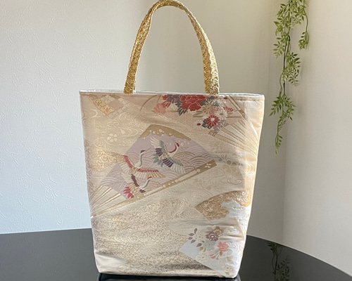 帯リメイクバッグ 扇面に鶴と花々 トートバッグ B5サイズ 和装