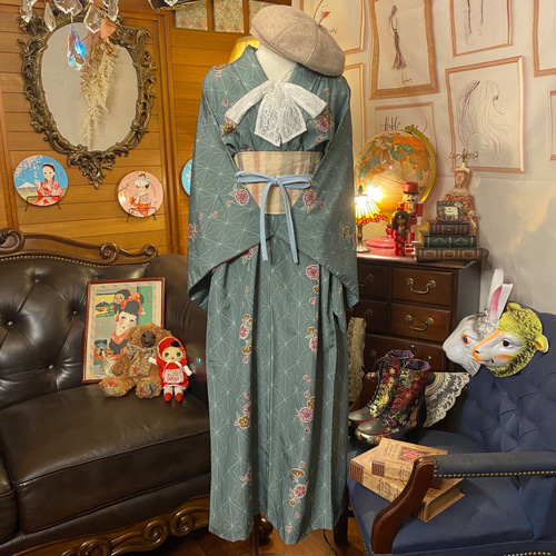 和洋折衷 レトロ 古着 洗える 化繊 着物 和 モダン ハンドメイド