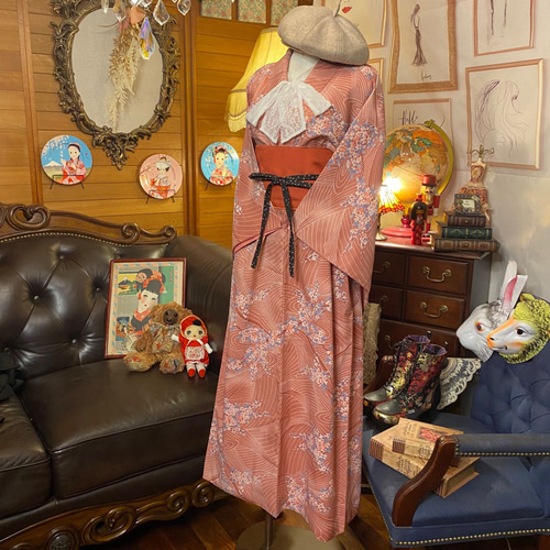 和洋折衷 レトロ 古着 洗える 化繊 着物 和 モダン ハンドメイド