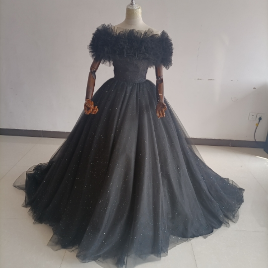 高品質！黒 パーティードレス 取り外しオフショルダー キラキラチュール 拳式/前撮り/音楽会