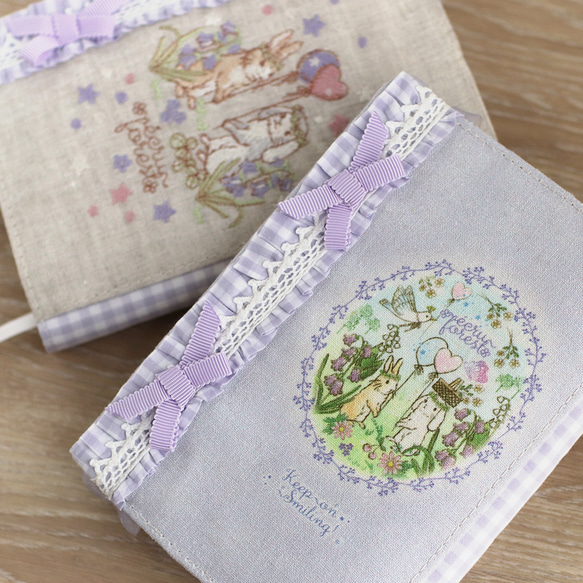 現品販売ごく少量フリルゴムバンド付き【ブックカバー】文庫本★ミシン刺繍：うさぎ・小鳥・リス・ハリネズミ 15枚目の画像