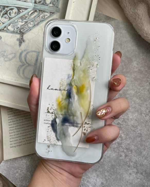 ✴︎ ニュアンスiPhoneケース　くすみ　blue×yellow:green 4枚目の画像