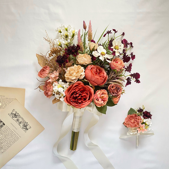 【受注再販】テラコッタ＆バーガンディのアンティーク クラッチブーケ（造花・ウェディング・結婚式・前撮り・フォト） 【受注再販】テラコッタ＆バーガンディのアンティーク クラッチブーケ（造花・ウェディング・結婚式・前撮り・フォト） BC1632673881(12500円)