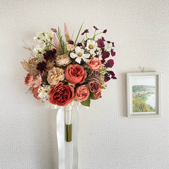 【受注再販】テラコッタ＆バーガンディのアンティーク クラッチブーケ（造花・ウェディング・結婚式・前撮り・フォト） 【受注再販】テラコッタ＆バーガンディのアンティーク クラッチブーケ（造花・ウェディング・結婚式・前撮り・フォト） BC1632673881(12500円)