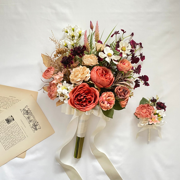 【受注再販】テラコッタ＆バーガンディのアンティーク クラッチブーケ（造花・ウェディング・結婚式・前撮り・フォト） 【受注再販】テラコッタ＆バーガンディのアンティーク クラッチブーケ（造花・ウェディング・結婚式・前撮り・フォト） BC1632673881(12500円)