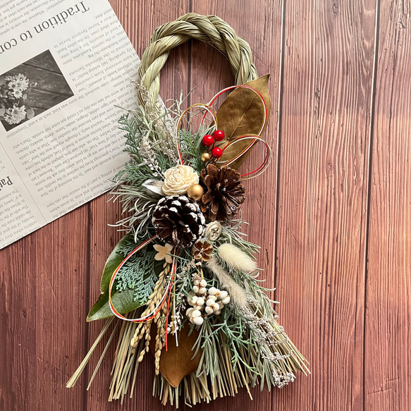 No.323ドライフラワーしめ縄リース2024 ハンドメイドお正月飾り玄関