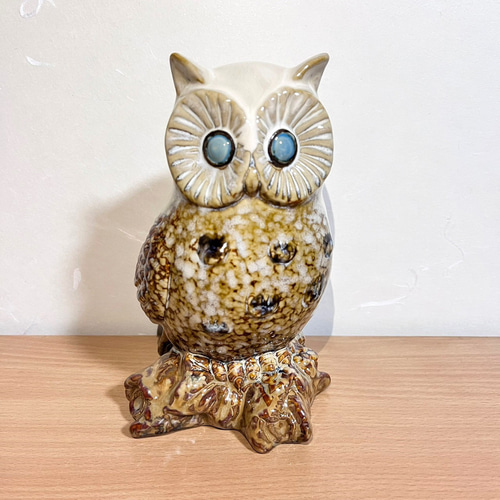 布引焼 青緑色のフクロウ置物 縁起物 オブジェ フクロウ 陶器製