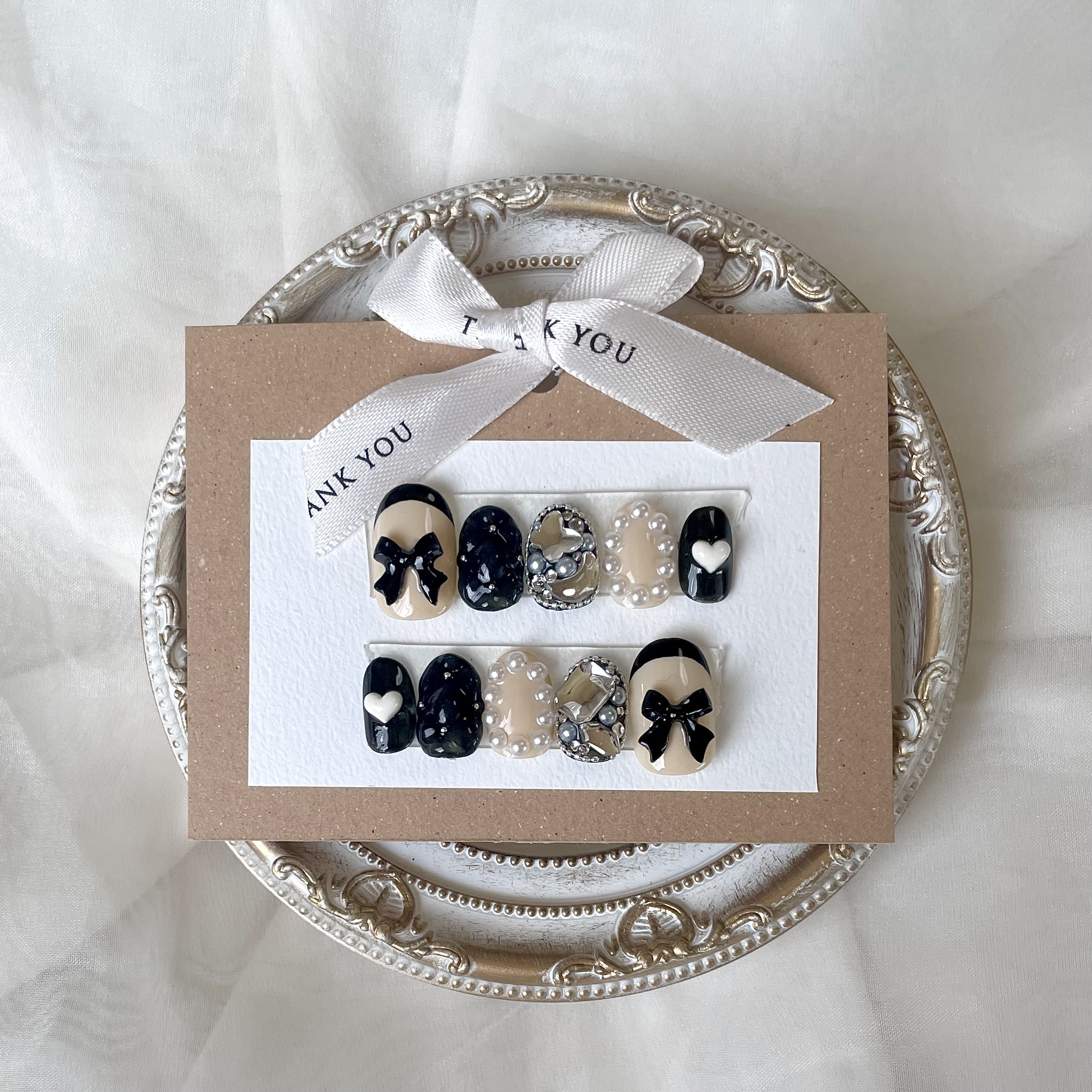 ネイルチップ/キルティング/リボン/フレンチネイル/ブラック/ベージュ