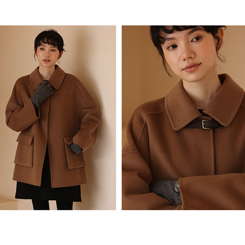 100％ウールコート ウールツイード生地コート 襟にベルトボタン