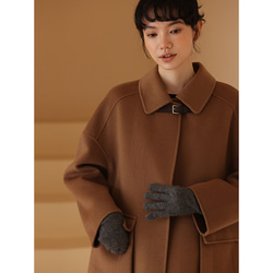 100％ウールコート ウールツイード生地コート 襟にベルトボタン