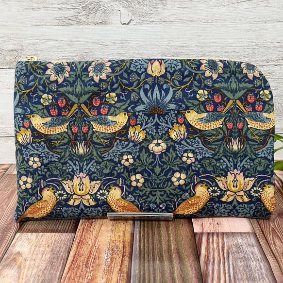 L字ファスナー型ポーチ ウィリアムモリス いちご泥棒 通帳ケース お薬  