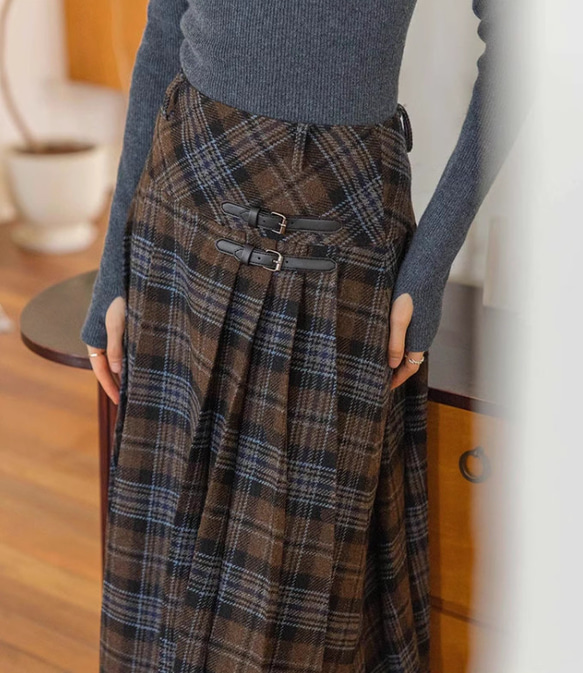 チェック柄 秋冬プリーツスカート ロングスカート ワンピース