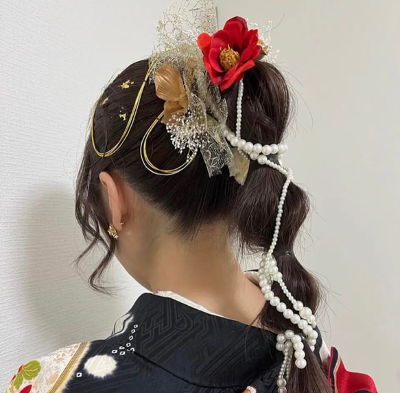 選べる2本組み♡オーガンジーリボンとパールガーランド♡ 成人式　前撮り　卒業式　パール　振袖　和装 7枚目の画像