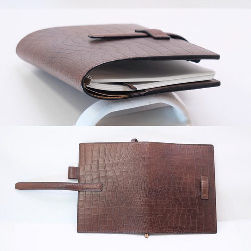 本革　ワニ型押し　A5ノート・手帳カバー　チョコブラウン ハンドメイド】本革 ワニ型押し A5ノート・手帳カバー チョコ
