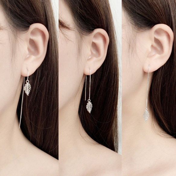 耳環 美國耳環 925 銀金屬防過敏鏈葉搖曳簡約水印女式 第2張的照片