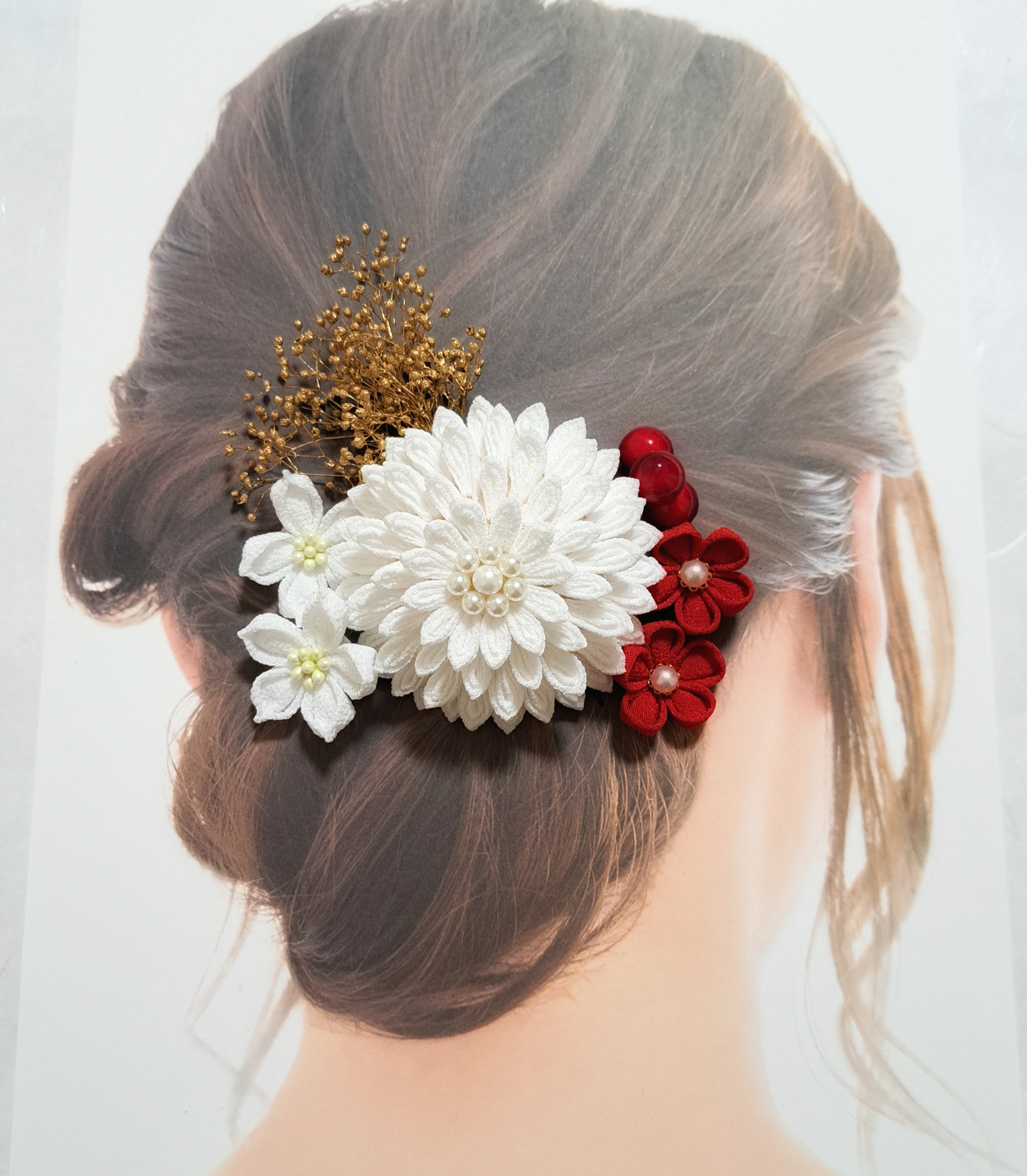 ☆豪華　17点セット☆　◎つまみ細工　水引◎ 菊『大きなお花の髪飾り白・赤・ゴールド』♡結婚式♡成人式♡卒業式♡