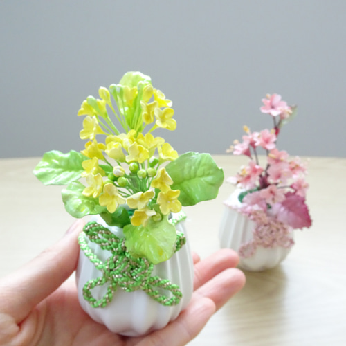 パンフラワー、菜の花の一輪挿し(樹脂粘土、ハンドメイド