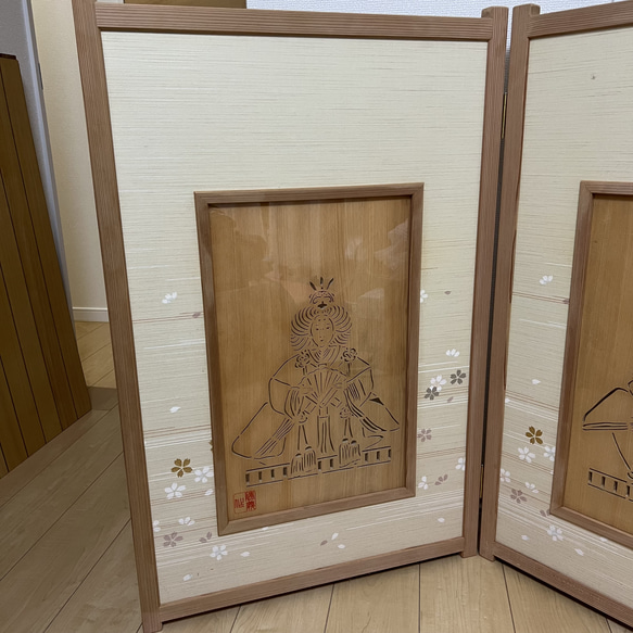 屏風 雛祭り柄 花柄襖紙 手彫り 透し彫り細工 パーテーション 