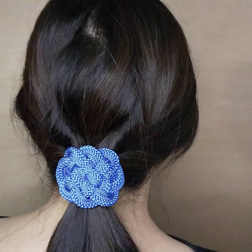 江戸打ち紐の飾り結び ポニーフック （青） その他ヘアアクセサリー 