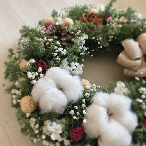 コットンフラワーとかすみ草のXmasリース リース flower32n 通販