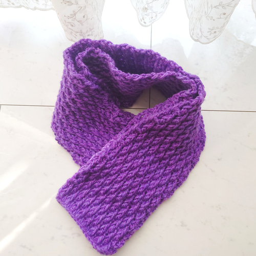 マフラー アルパインステッチ 紫 パープル 模様 編み 手編み 編み物