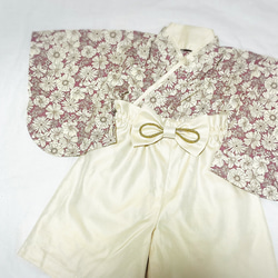 ベビー袴　ハンドメイド　ベビー着物　スモーキーピンク　アイボリー　花柄　60 70 80サイズ 1枚目の画像