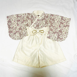 ベビー袴　ハンドメイド　ベビー着物　スモーキーピンク　アイボリー　花柄　60 70 80サイズ 2枚目の画像