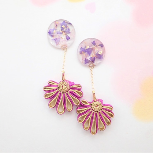 中国盤扣（花ボタン） 菊とスターチス チェーンピアス・イヤリング