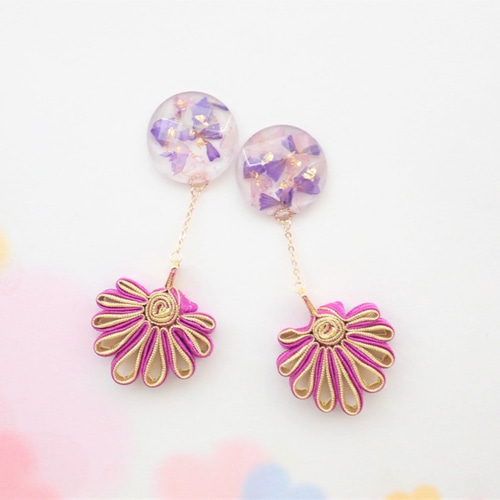 中国盤扣（花ボタン） 菊とスターチス チェーンピアス・イヤリング