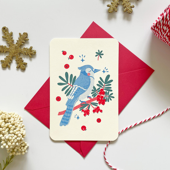 冬のグリーティングカード 封筒set -青い鳥アオカケス- 1枚目の画像