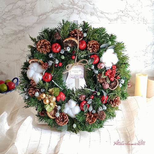 クリスマスリース(*^^*) フレッシュリース　木の実リース 自然素材100％フレッシュ＆ドライフラワー フレッシュグリーンと